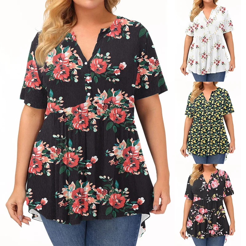 Womens Plus Size Clothes Floral Printing Tops Summer V-neck Button Casual  Short Sleeve Pullover Basic Comfort Irregular T-Shirt - AliExpress