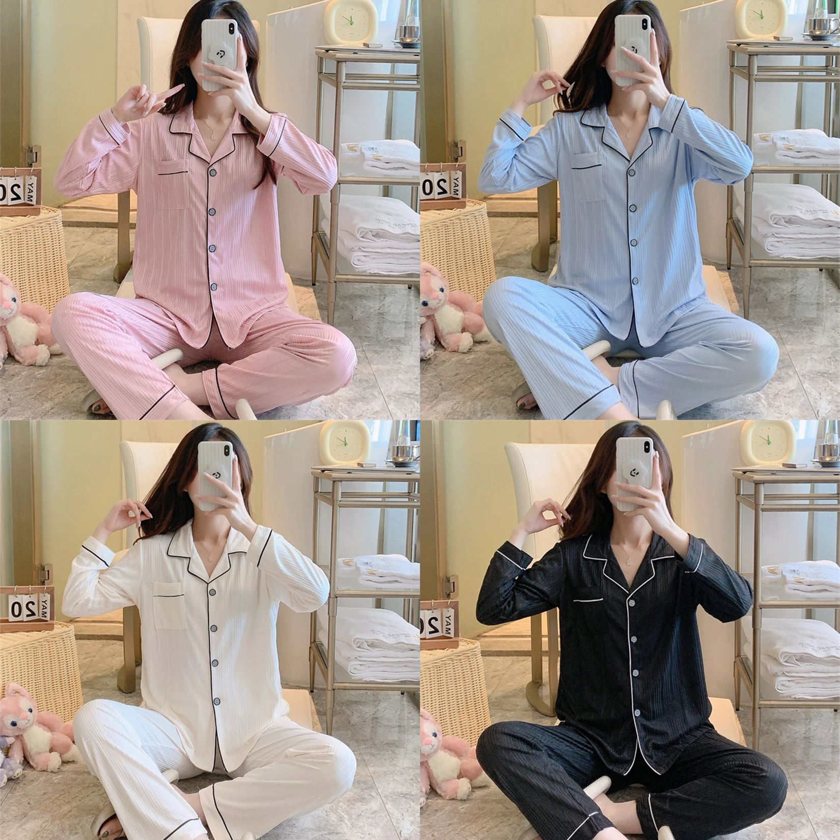 Spring Autumn Pajamas for Women Fashion Faux Cotton Striped Sleepwear Sets spring and autumn new women s pajamas long sleeve cute home service pajamas for women sleep tops pijamas women sleepwear