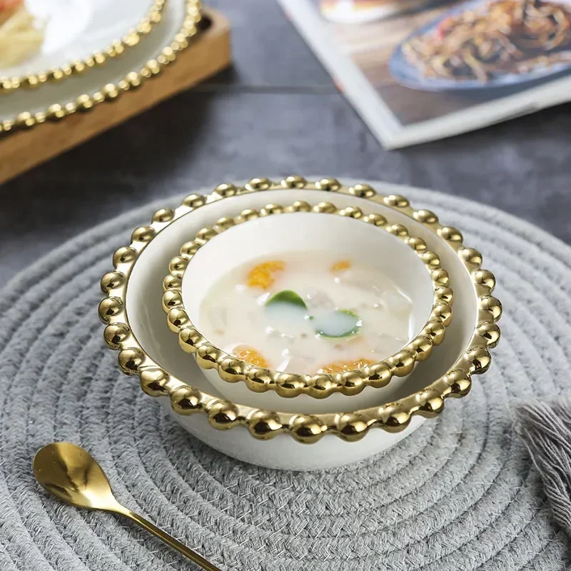 White Ceramic Dinnerware Home Set Hotel Round Plates Dinner and Soup Bowls Salad Wedding Party Dishes Serving with Gold Rim