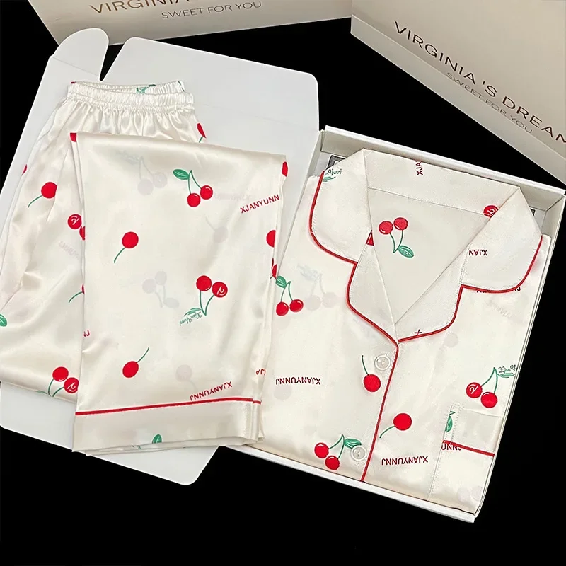 

Пижамный комплект женский из 2 предметов, комплект для сна из искусственного шелка, атласная пижама с длинным рукавом, с принтом, домашняя одежда, весна-осень