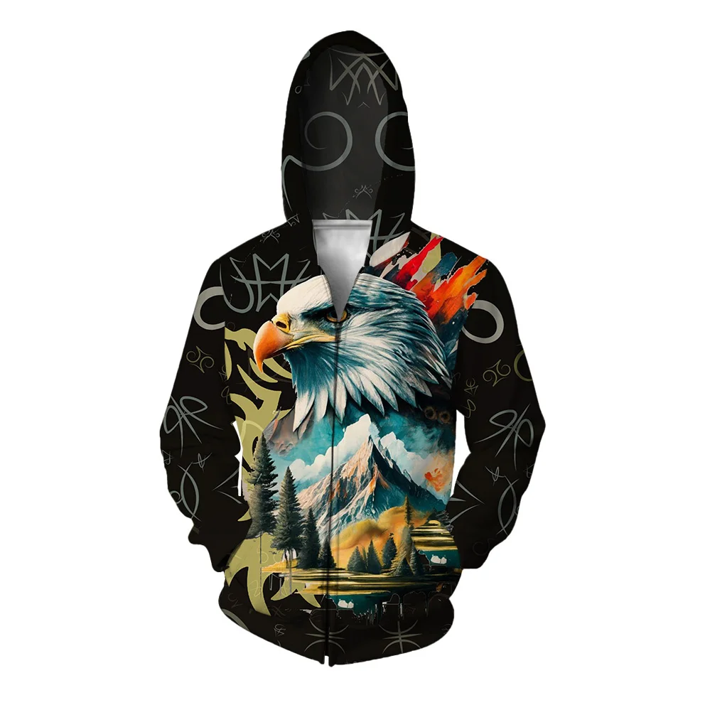 thumbnail image 4 of Novedades en sudaderas y sudaderas Sudadera con capucha con estampado de águila elegante y versátil para hombre Sudadera con capucha cómoda para hombre con cremallera, 4 of 5