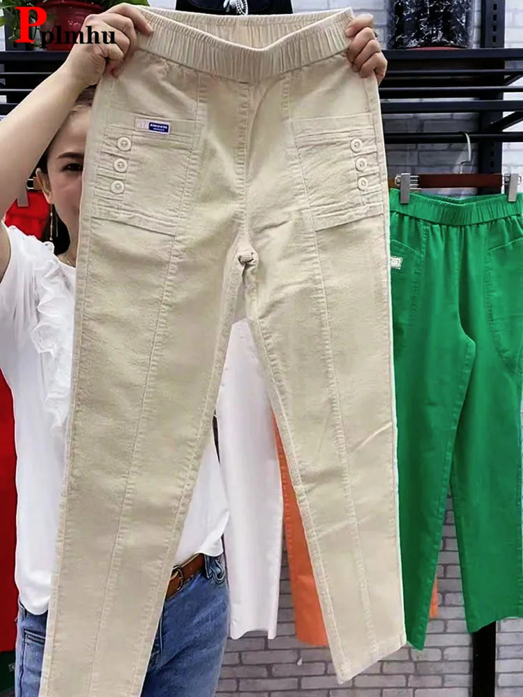 Women Casual Corduroy Harem Pants Korean Elastic High Waist Pencil Pantalons Spring Fall Mom Pantalones Ankle Length Trousers 3