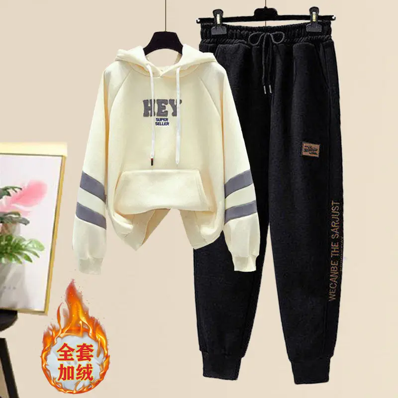 Plush Thickened Letter Printed Hoodie Sports Leggings Two Piece Fashion Women's Sports Suit Winter Outfits Tracksuit Style Waist