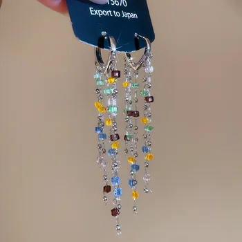 New Korea Square Crystal Tassel Heart-Shaped Ear Buckle Elegant Fashion Simple Earrings Women's Luxury Jewelry