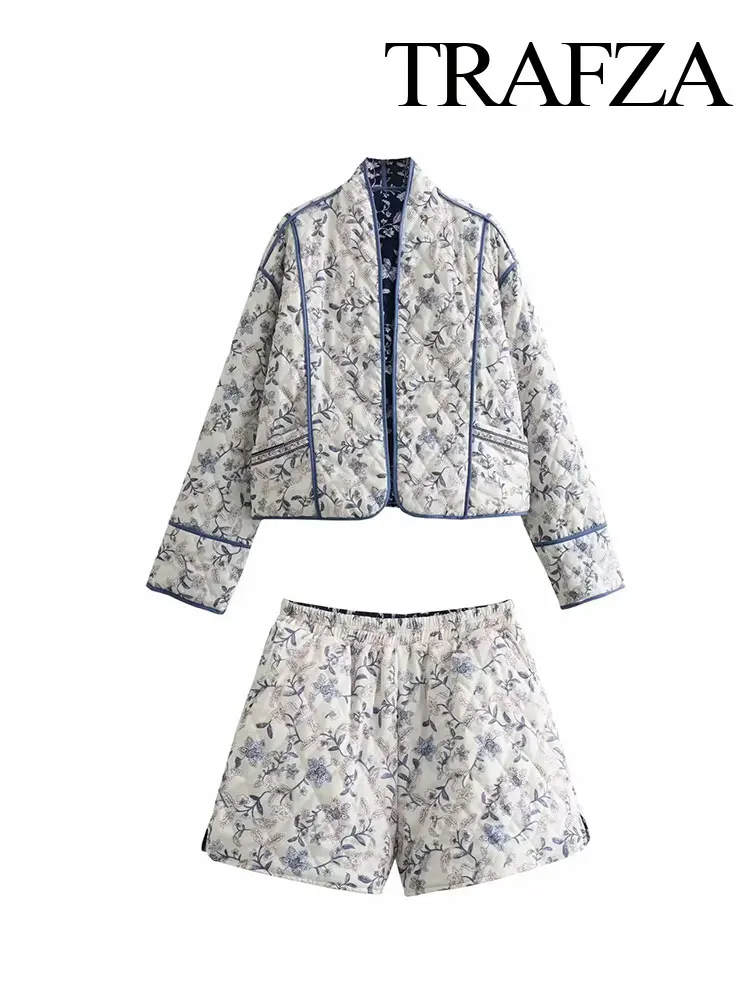 

TRAFZA Fashion Printed Reversible Women's Cotton Open Pocket Jacket Set Retro Elastic Waist Side Slit Women's Casual Shorts Set