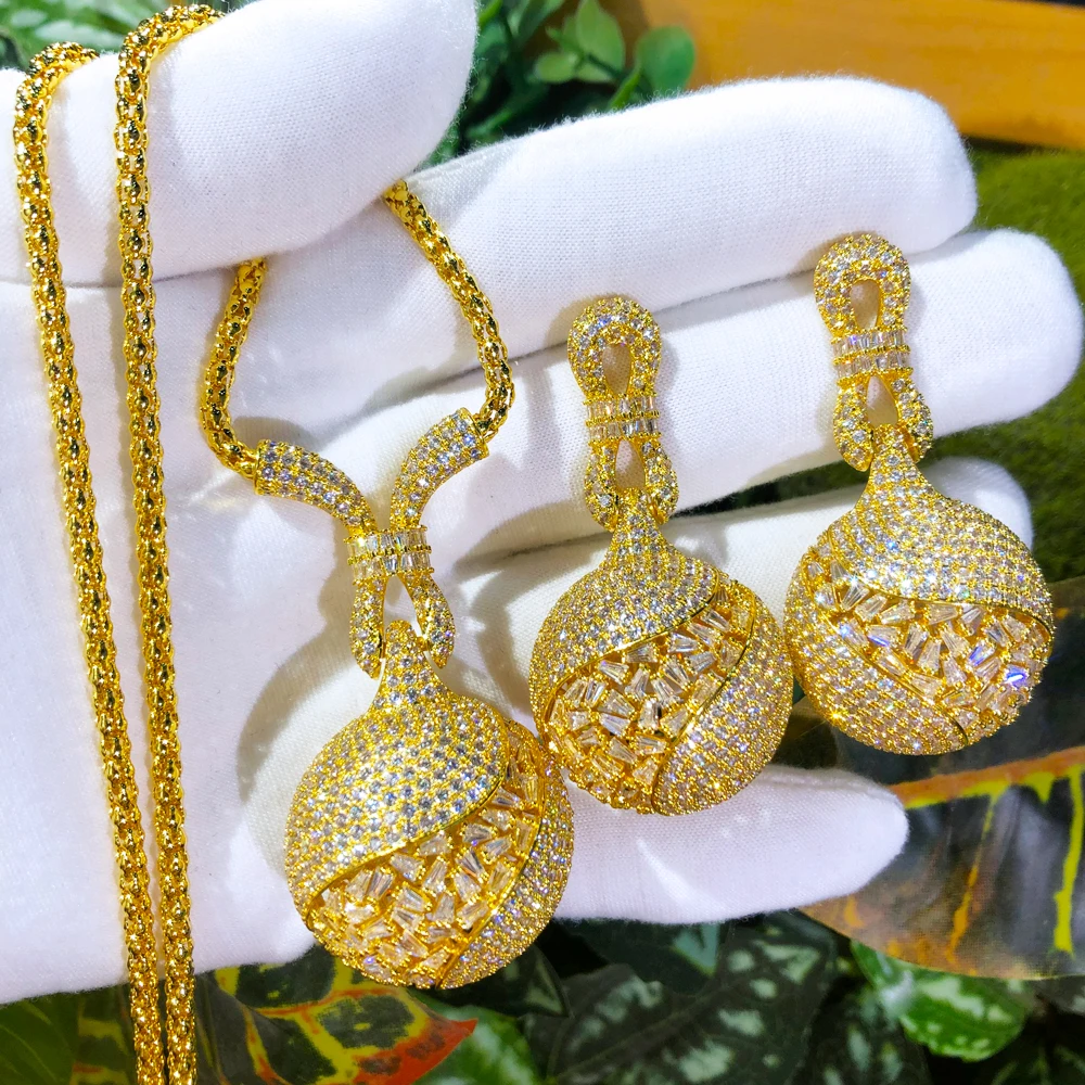 

Missvikki 2PCS Luxury Ball Pendant Drop Earrings Necklace Jewelry Set Super Noble Shiny CZ Bridal Wedding Party Show Accessories