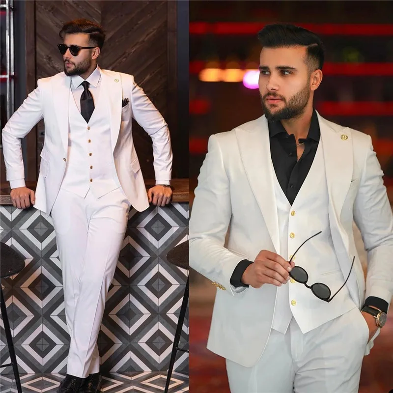 

White Men Suits Wedding Tuxedos 3 Pieces Peaked Lapel Groom Prom Man Outfits Wedding Pants Sets (Jacket+Vest+Pants) Customized