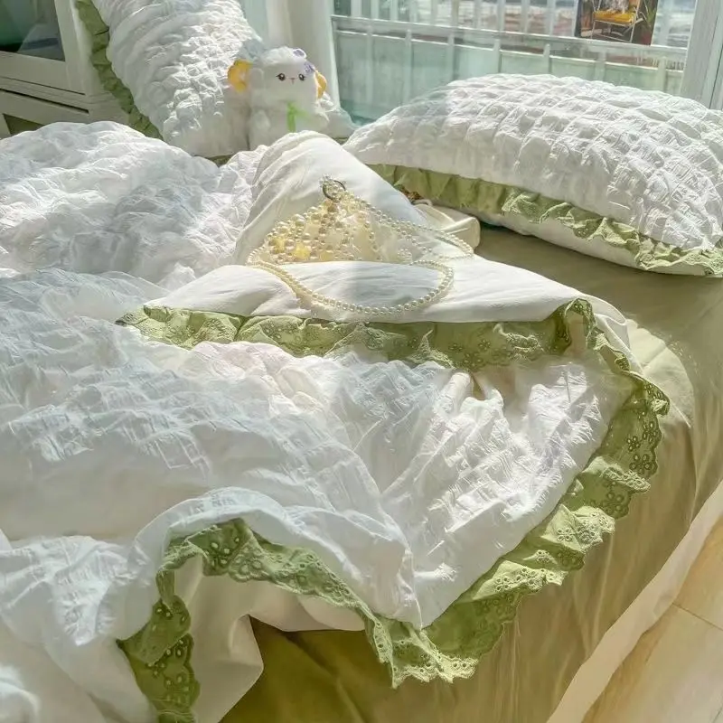 

Korean Princess Bedding Set Duvet Cover Ins Style Wash Cotton Solid Color Summer Soft Bed Sheet Set Comforter Set Quilt Cover