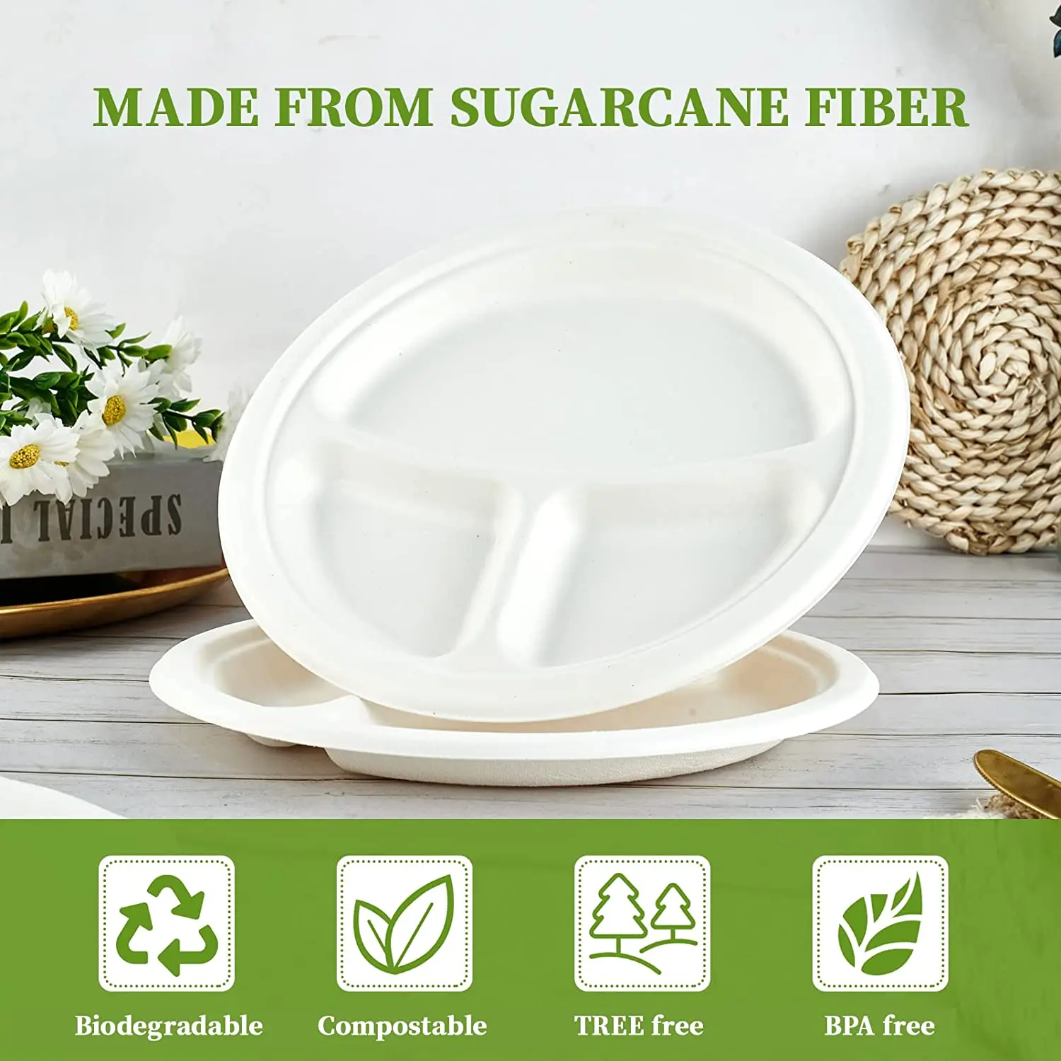 100% Compostable 9 Inch 3 Compartment Heavy-duty 10 Inch Plates