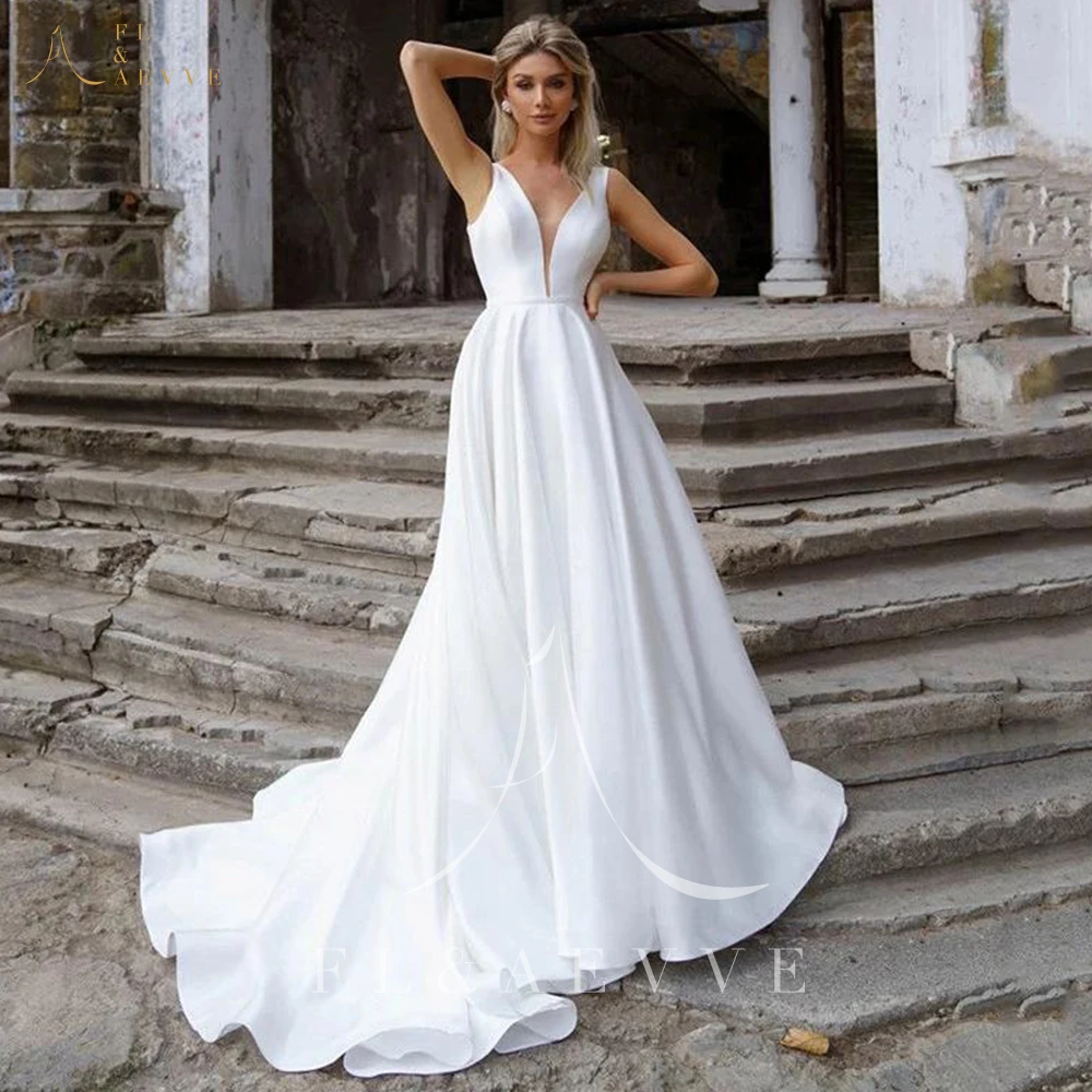 

White Satin Wedding Dress V Neck Elegant Party Dresses for Women 2024 A-line Elegant and Pretty Women's Dresses Bride Woman New