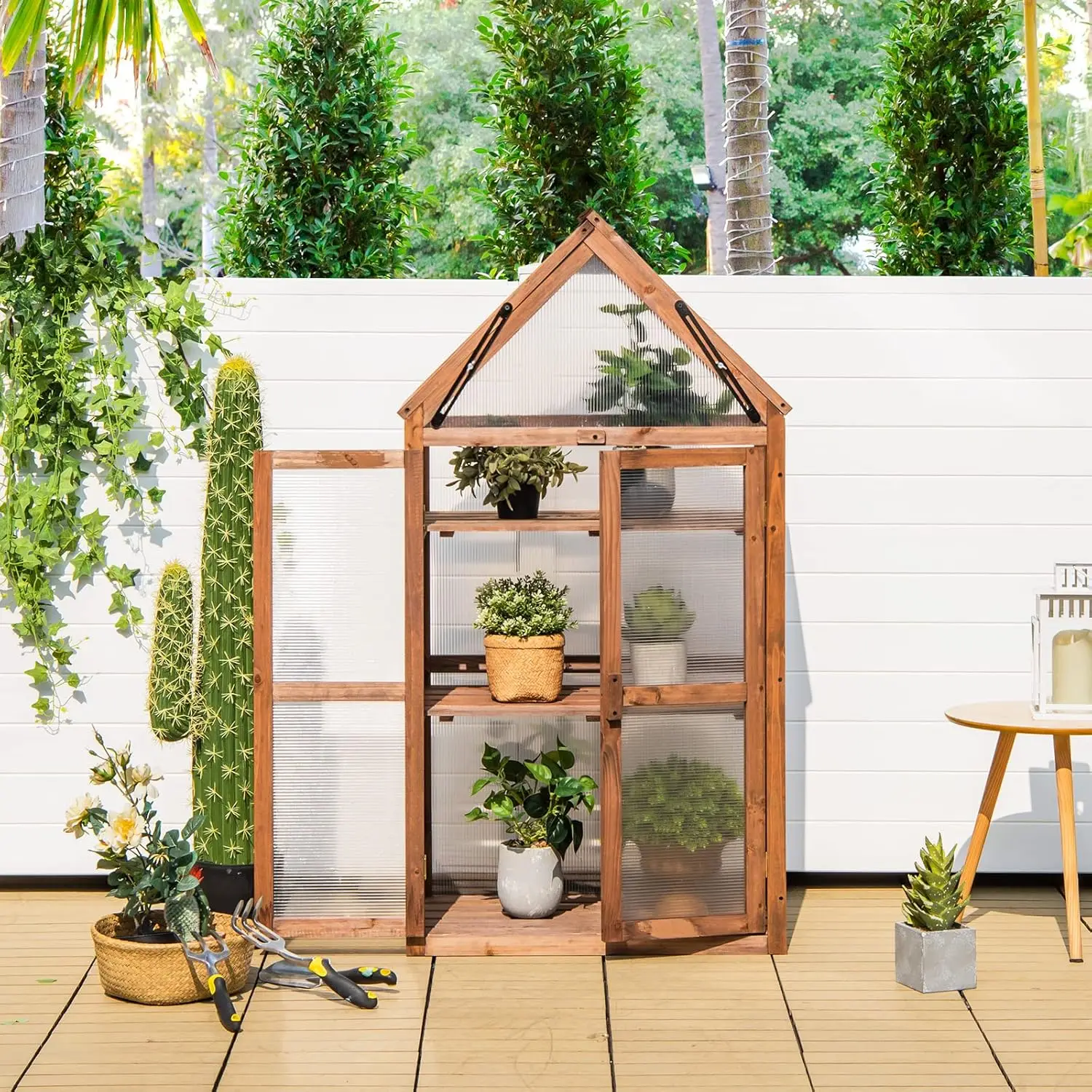 Wooden Cold Frame Greenhouse with Raised Planter Shelf 2