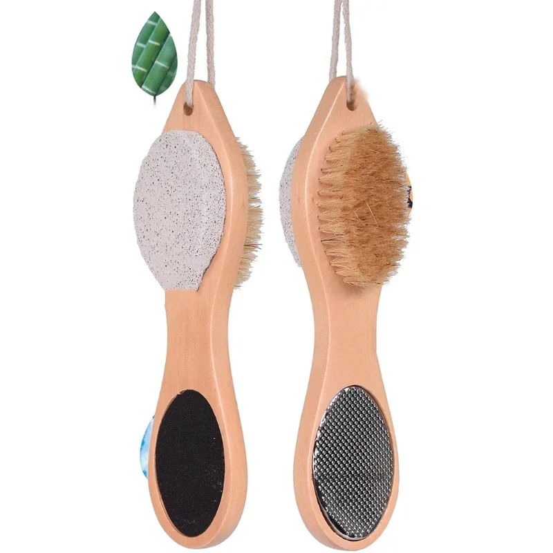 4 In 1 Multi-Use Foot File Brush with Wooden Handle Double Sided Callus Remover Dead Skin Crack Exfoliator Rasp Scrubber Pumice