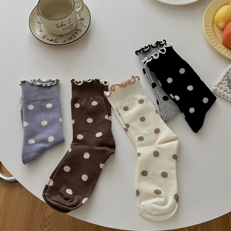 

Retro Color Dot Women Socks Lacework Design Long Woman Sock JK Preppy Style Kawaii Sweet Lady Sock Winter Autumn Cute Girl Socks