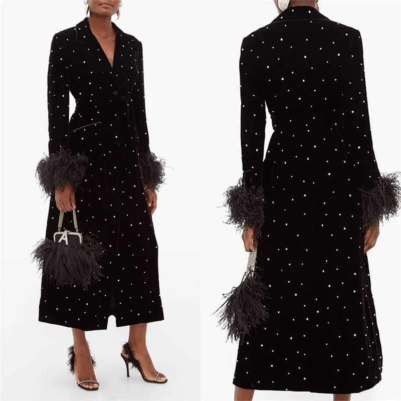 

Ostrich Feather Prom Dress Pearls Women Suit Velvet Elegant Long Blazer With Belt Wedding Tuxedo Custom Made Party Gown Jacket