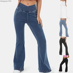 Women'S Flare Jeans Denim Joggers Elastic Waist Stretch Drawstring Jeans Korean Fashion Trousers Japanese Y2k Clothes Women