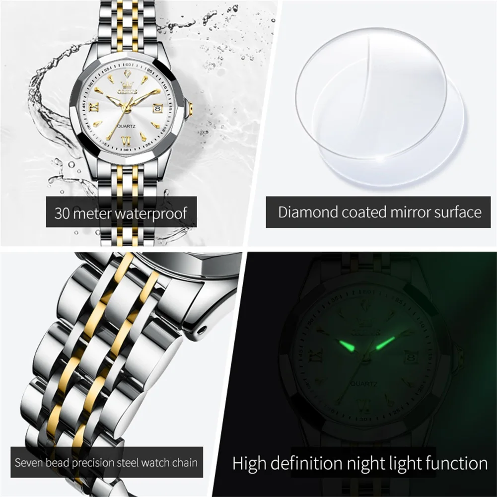 OLEVS 9998 Watch Woman Simple Calendar Quartz Watch For Women Rhombus Mirror Steel Strap Waterproof Business Ladies Wristwatch