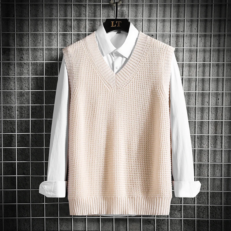 Neue Herren V-ausschnitt Pullover Weste Herbst Winter Ärmellose Chunky Pullover Stricken Weste Koreanische Mode Casual Unisex Pullover Streetwear – Detail 7