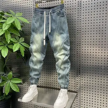Trendy Men's Splicing Casual Pants Elastic Waist Blue Old Jeans Loose and Versatile Fashion Harlan Pants 1