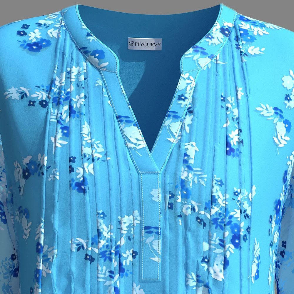 Plus Size Dressy Blue Chiffon Floral Print Pleated Double Layer Ruffled Cuff 3/4 Sleeve Blouse