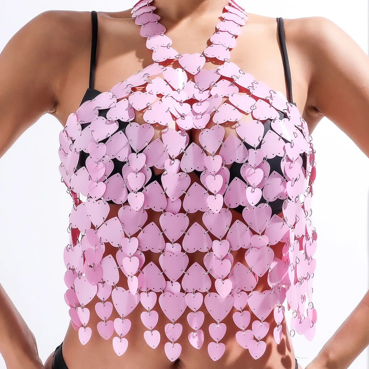 

Pink Heart Sequins Tassels Body Chain Sexy Rave Party Beach Fashion Top Accessories Pastilles Blouse Chainmail Crop Top