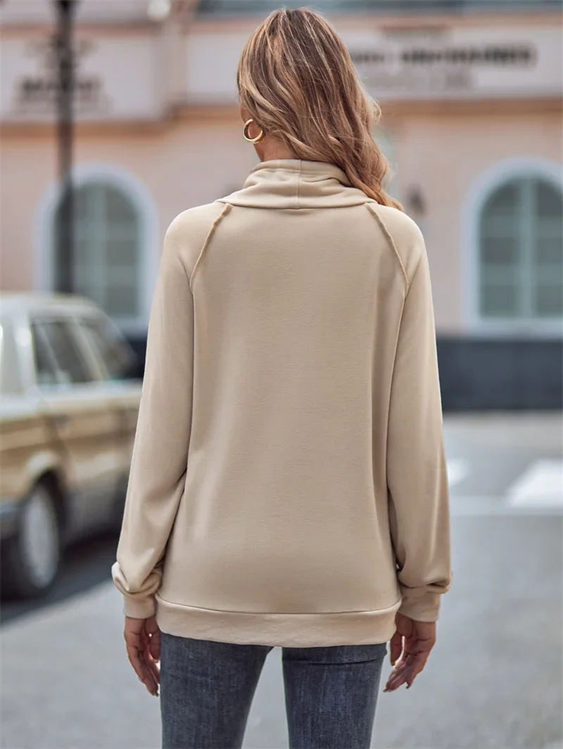 Fashion Turtleneck Drawstring Hoodie Women Solid Color Autumn Winter Thickened Sweatshirt Female Casual Double Pocket Outerwear