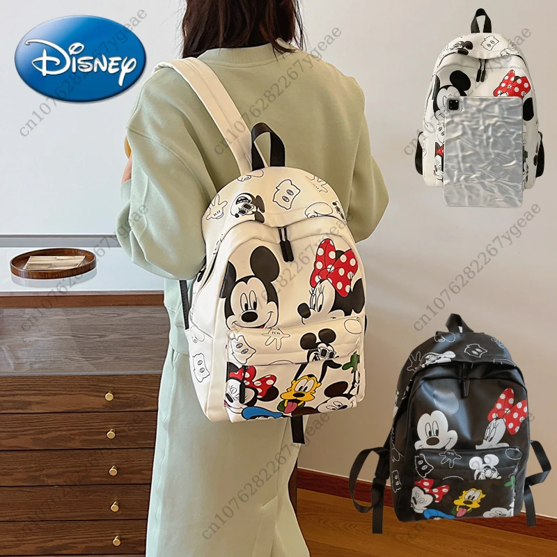 Disney Mickey PU Leather Backpack Classic Cartoon Laptop Bag Minnie Mouse Large Capacity School Bag for Women Fashion Tote Bag