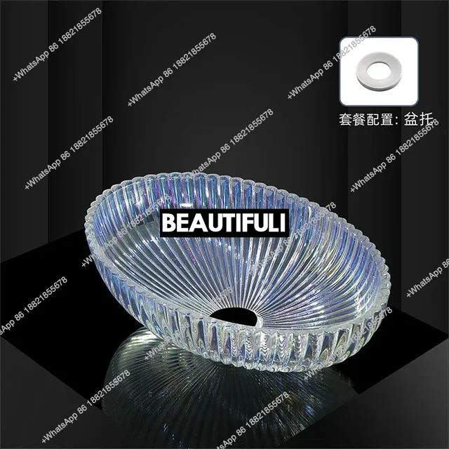 อ่างล้างหน้าแบบตั้งโต๊ะโรงแรม RR Glass อ่างล้างมือ อ่างล้างหน้าแบบหล่อขึ้นรูปด้วยคริสตัลเคลือบสีสันสดใสแบบโปร่งใสสำหรับระเบียง 1