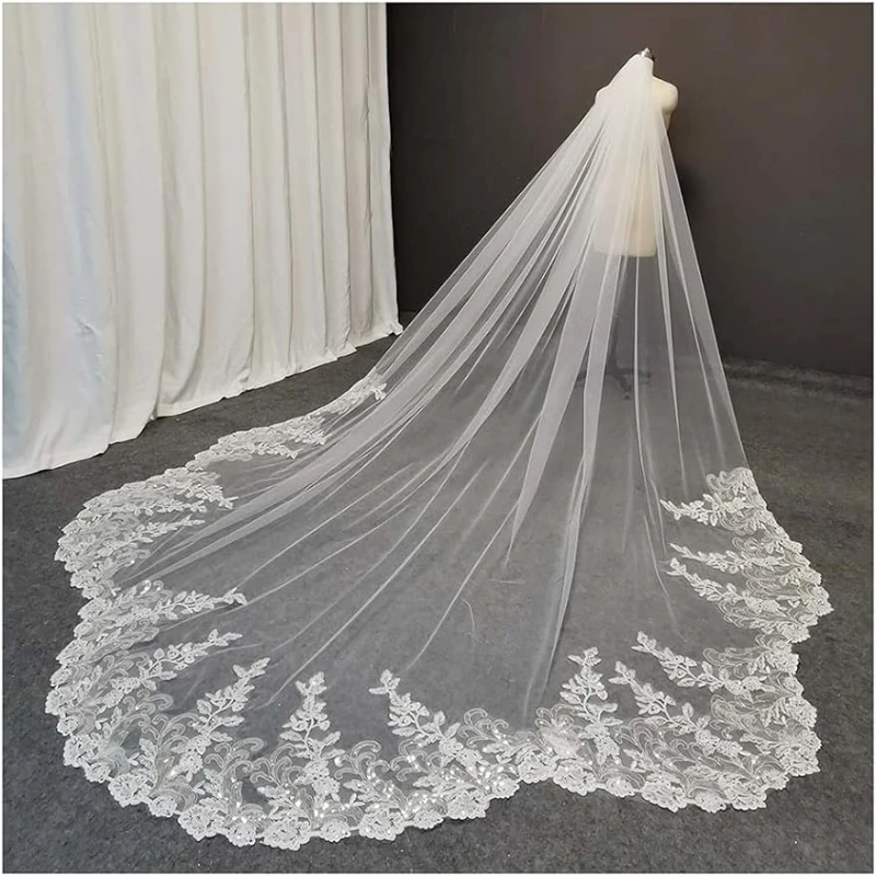

Scalloped Edge Bling Sequins Lace Long Wedding Veil with Comb 3/3.5/4/5 Meters 1 Tier Bridal Veil Wedding Accessories