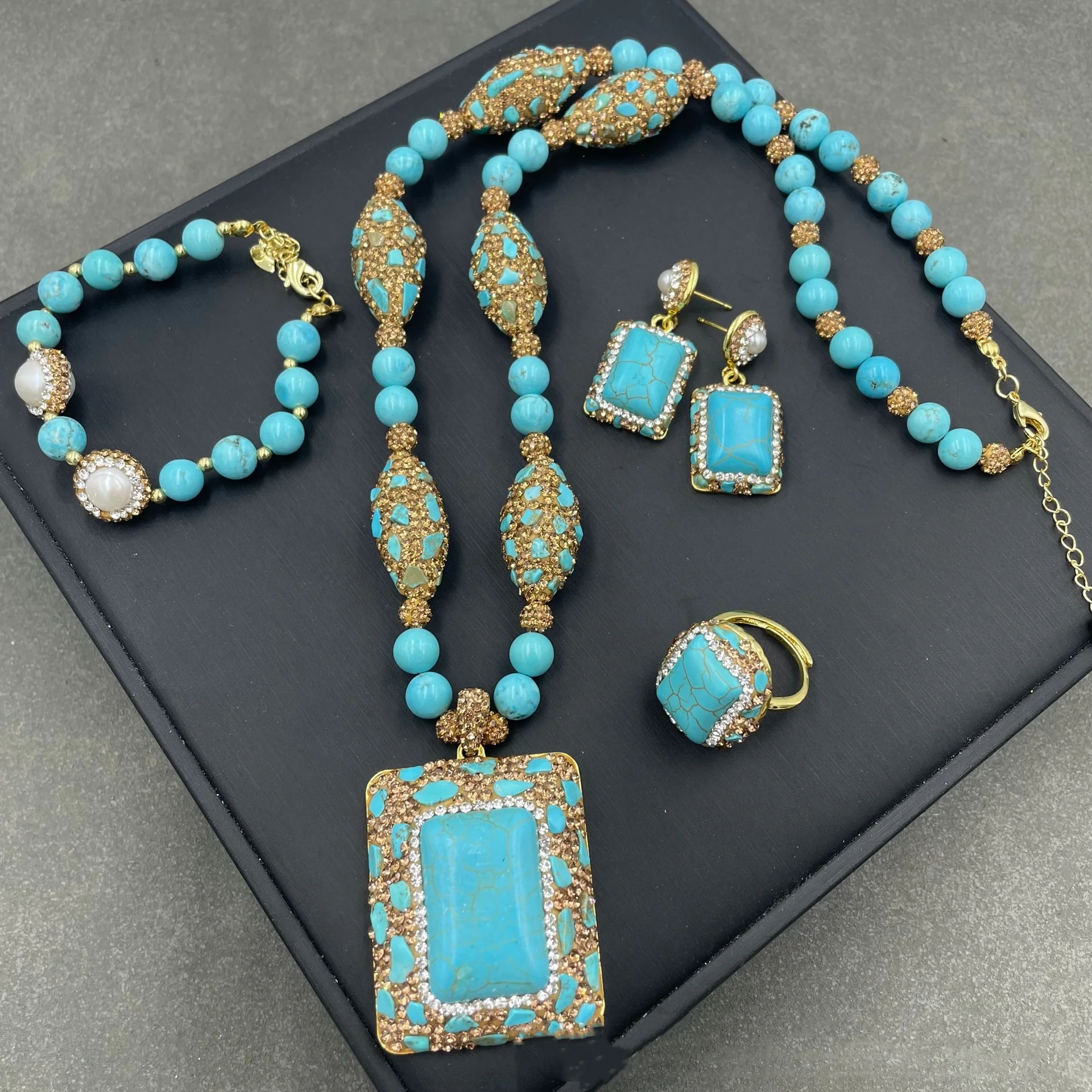 

ST062 2024 Hot Sale Large Square Turquoise Pendant Hand Inlaid Exquisite Ethnic Style Personalized Retro Fashion Jewelry Set