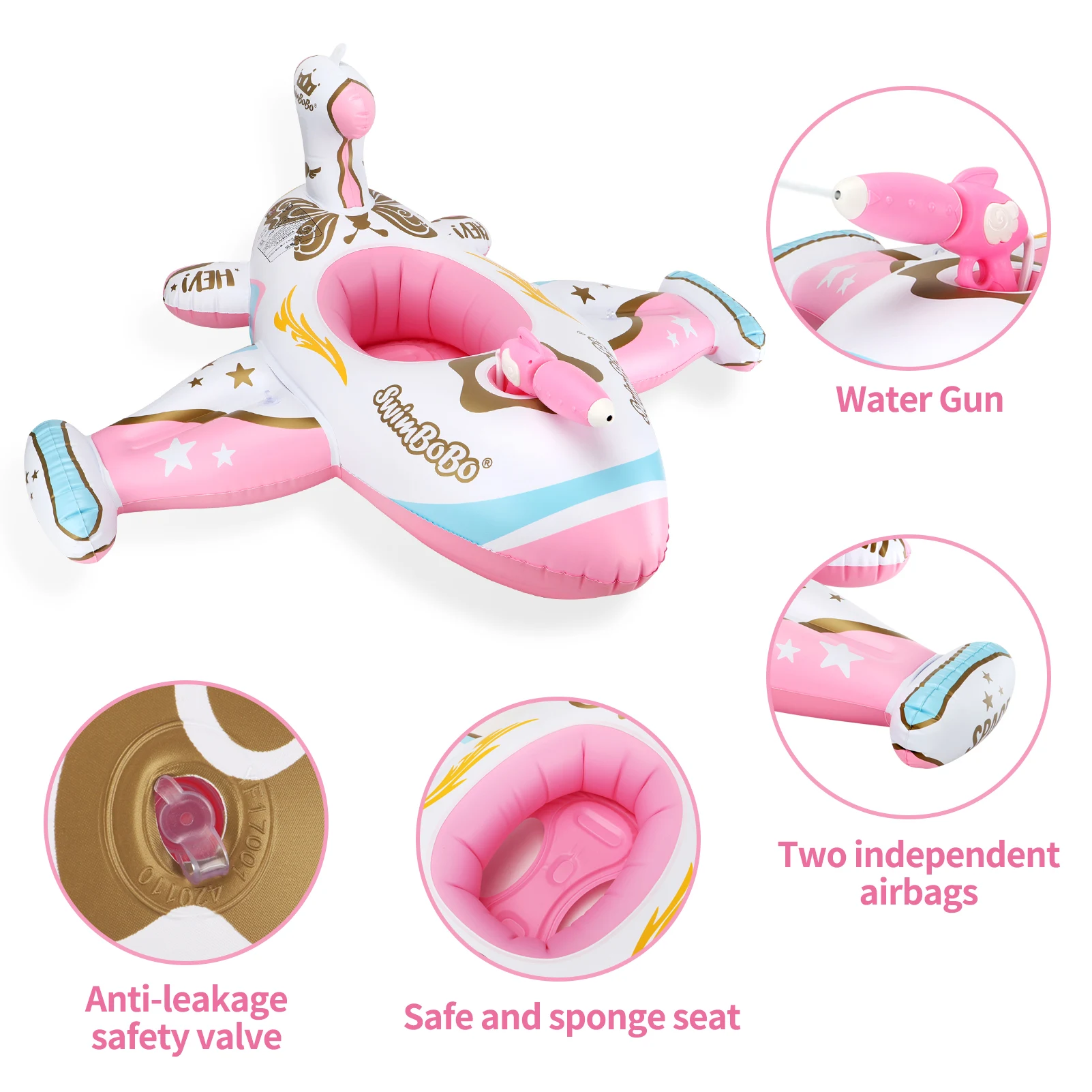 Swimbobo Pink Outdoor Summer Water Gun Play Plane Inflatable Kids Seat Float Baby Swim Ring for Children With Canopy 2
