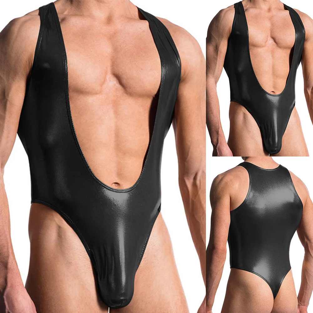 Men Sexy PU Leather Wet Look A-Shirt Jumpsuit Lingerie Club Romper Leotard Gay Erotic Lingerie men underwear sexy lingerie women jumpsuit latex bodysuit