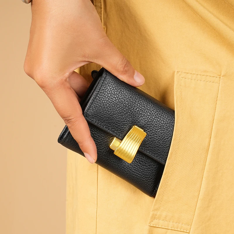 Women Money Clips Genuine Cow Leather Solid Color Buckle Latch Side Zipper Mini Wallet Ladies Purse