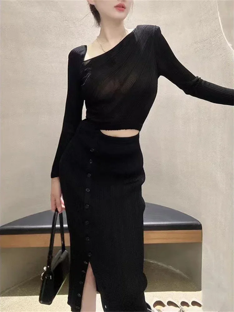 

Women’s Knitted Dress 2024 New Hollow Out Side Slit Fake Two Pieces Waist Irregular Sloping Shoulder Slim Vintage Midi Robe