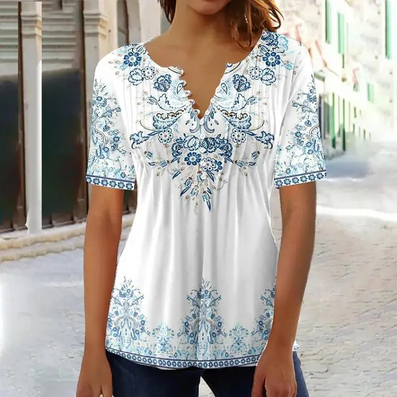 

Plus Size Women Short Sleeve V-neck Floral Printed Buttons Tops