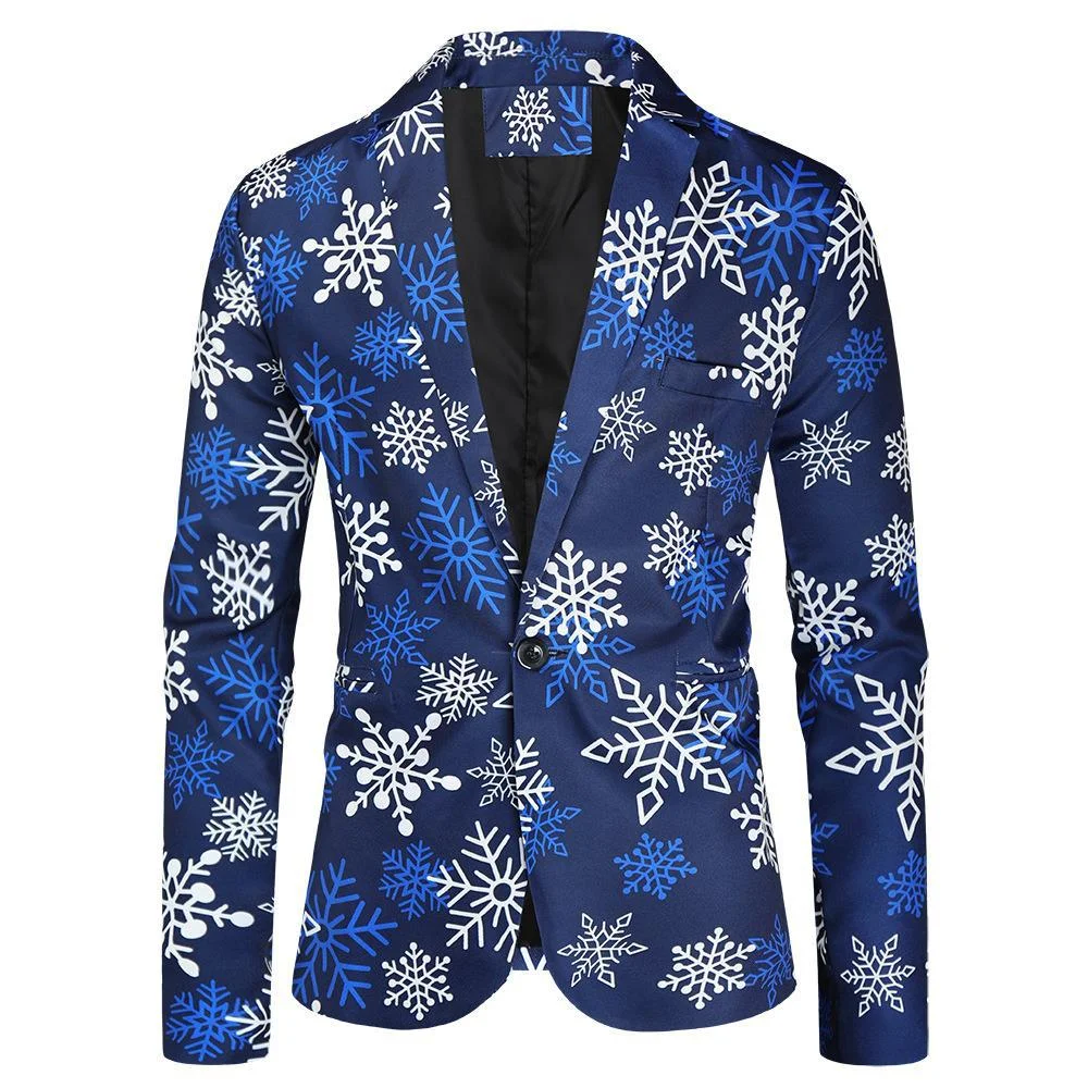 thumbnail image 1 of Gorro navideño de anime para hombre, chaqueta azul y roja, divertido árbol de Navidad, muñeco de nieve, estampado, blazer de un botón, frente abierto, trajes de trabajo de oficina para negocios, 1 of 5