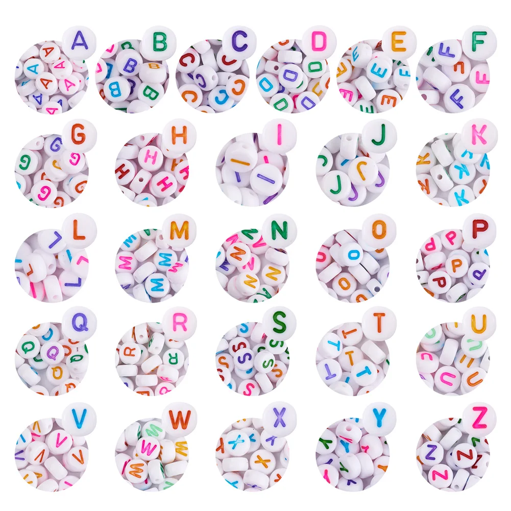 1300Pcs Letter A~Z Initial Acrylic Beads Flat Round Rainbow Color Elastic Bracelet Necklace Phone Hang Cord DIY Jewelry Making