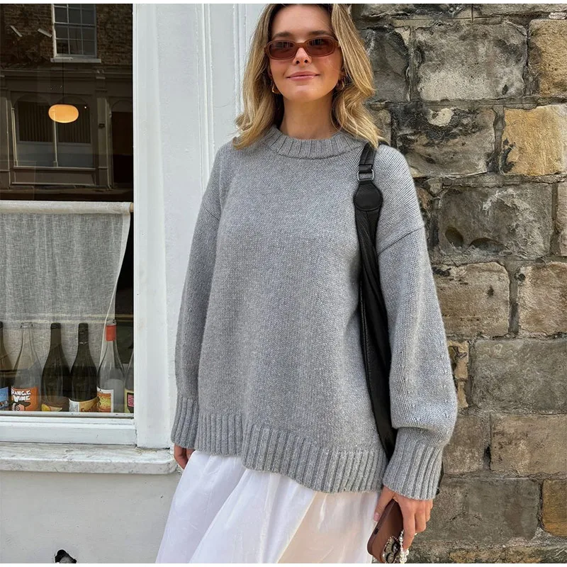 Suéteres casuales de punto con cuello redondo para mujer, suéter retro para adictos al trabajo, suéter femenino elegante de otoño, prendas de punto sencillas de calle