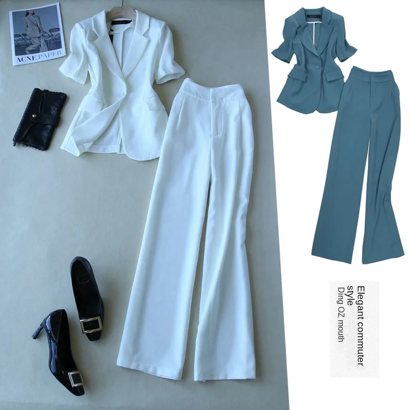 

2023 Summer High End Women Blazer Suit 2 Piece Professional Wear Slim Fit Ladies Jacket Fashionable High Waist Wide Leg Pants