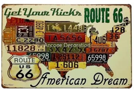 

Route 66 Retro Sign | American Dream Retro Vintage Tin Sign | United States Metal Wall Poster | Road Map | Decoration Art