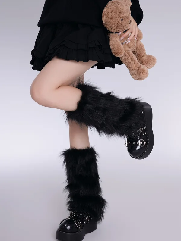 Women's Artificial Fur Leg Warmers Japanese Lolita Autumn And Winter Black And White Knitted Socks Leg Warmers For Women