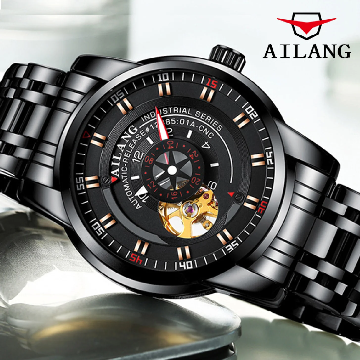 

AILANG 2023 New Fashion Black Mechanical Watches For Men Personality Hollow Automatic Watch Simple Waterproof Clock Mens 8601
