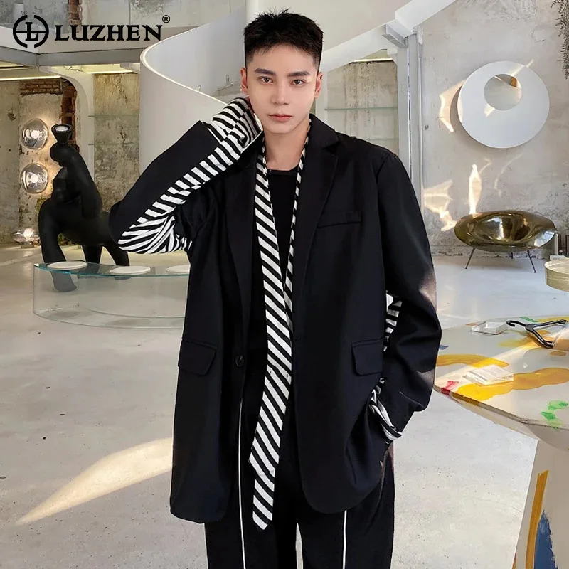 

LUZHEN Stripe Splicing Design Necktie Decorate Blazer Coat Men's 2024 Spring Fashion Elegant Trendy Korean Street Jacket LZ3378