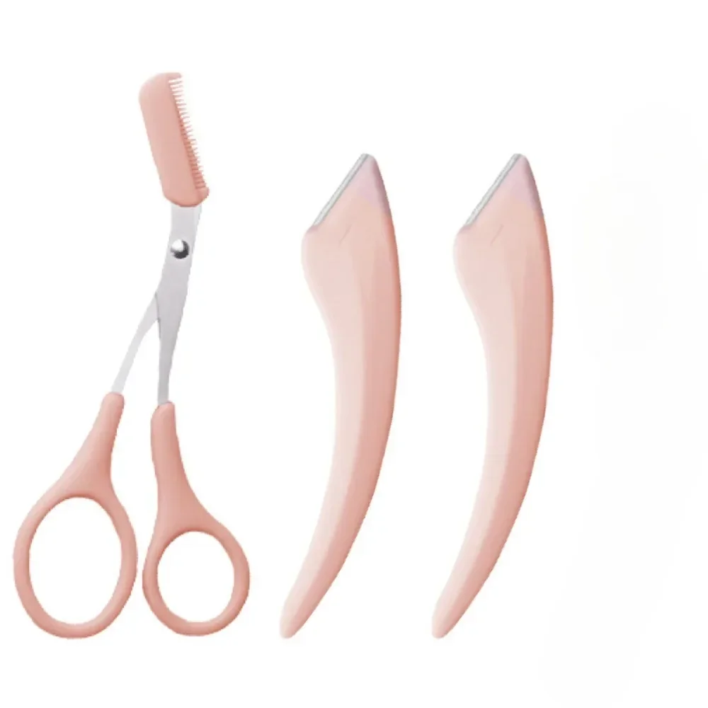 Stainless Steel Eyebrow Trimmer Set 2PCS Portable Eyebrow Scissors with Comb Brow Knife Hair Removal Razor Facial Makeup Tools