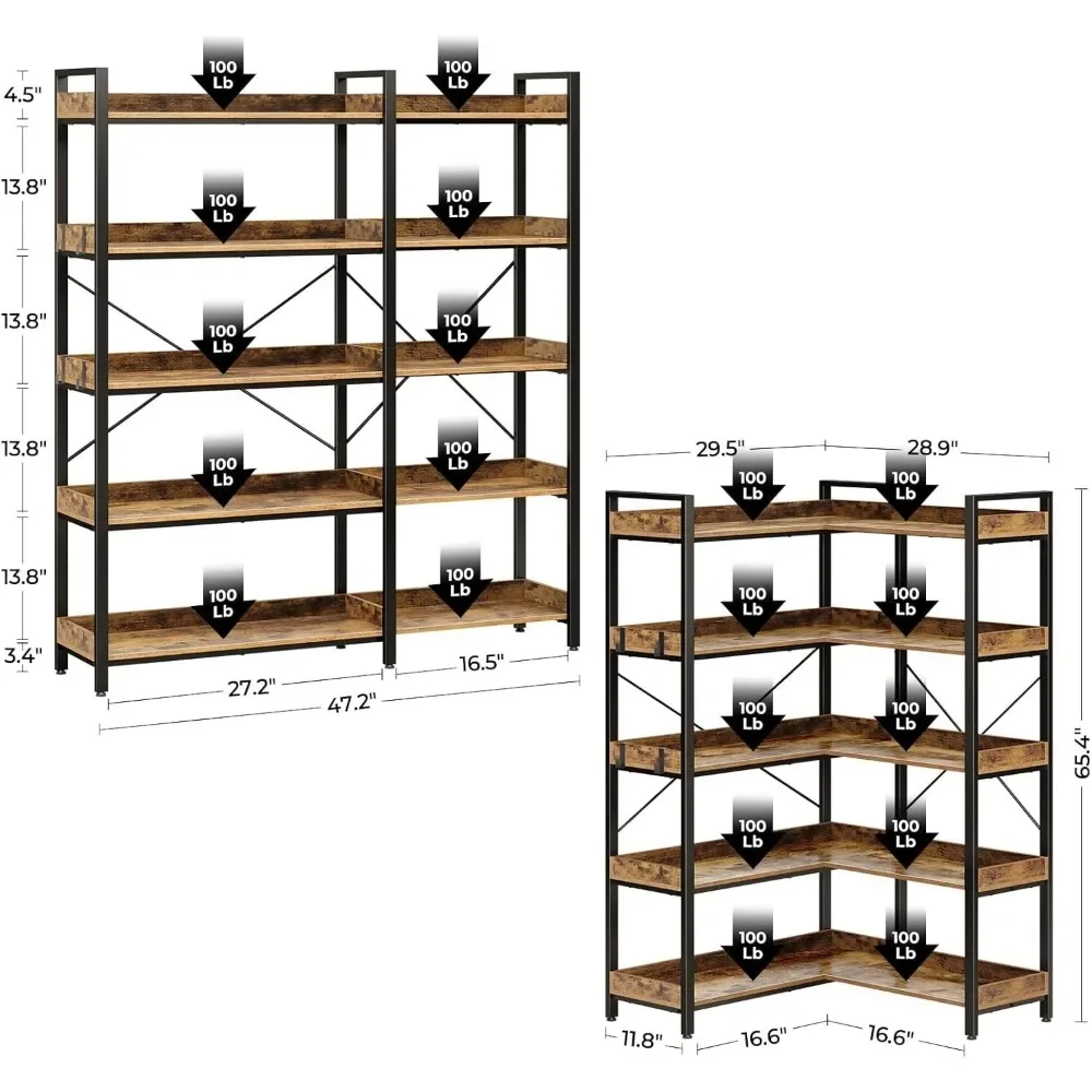 Bookshelf 5 Tier with 4 Hooks Reversible Corner Bookshelf 65" Industrial Wooden Bookcase 3