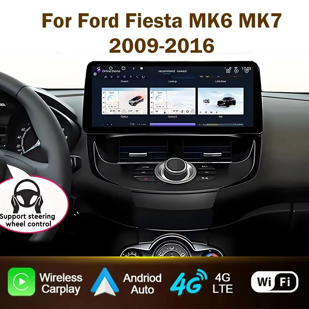 Radio de coche de 12,3 pulgadas para Ford Fiesta MK6 MK7 2009-2016 LHD RHD Android reproductor de vídeo Multimedia GPS inalámbrico Carplay pantalla QLED 1