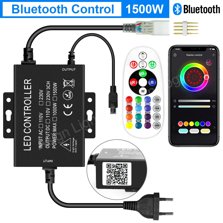 220V 4Pin LED Strip Light Controller RGB Color Changable 750W 1500W Remote/Bluetooth/ /Tuya WiFi Voice Control Alexa for 5050 Ne