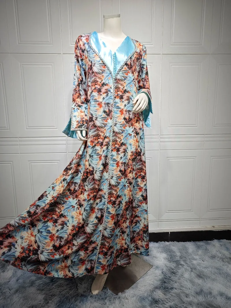 Jalabiya Dresses Women Abaya Muslim Diamond Print Party Dress Ethnic Long Robe Woman Kaftan Robe Eid Print Abayas Ramadan Autumn