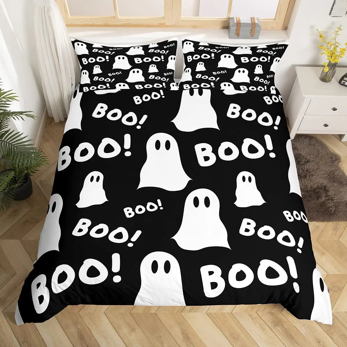

Cartoon Funny Ghost Duvet Cover Queen Bedding Set Happy Halloween Theme Comforter Cover with 2 Pillowcase for Teens Adults Kids