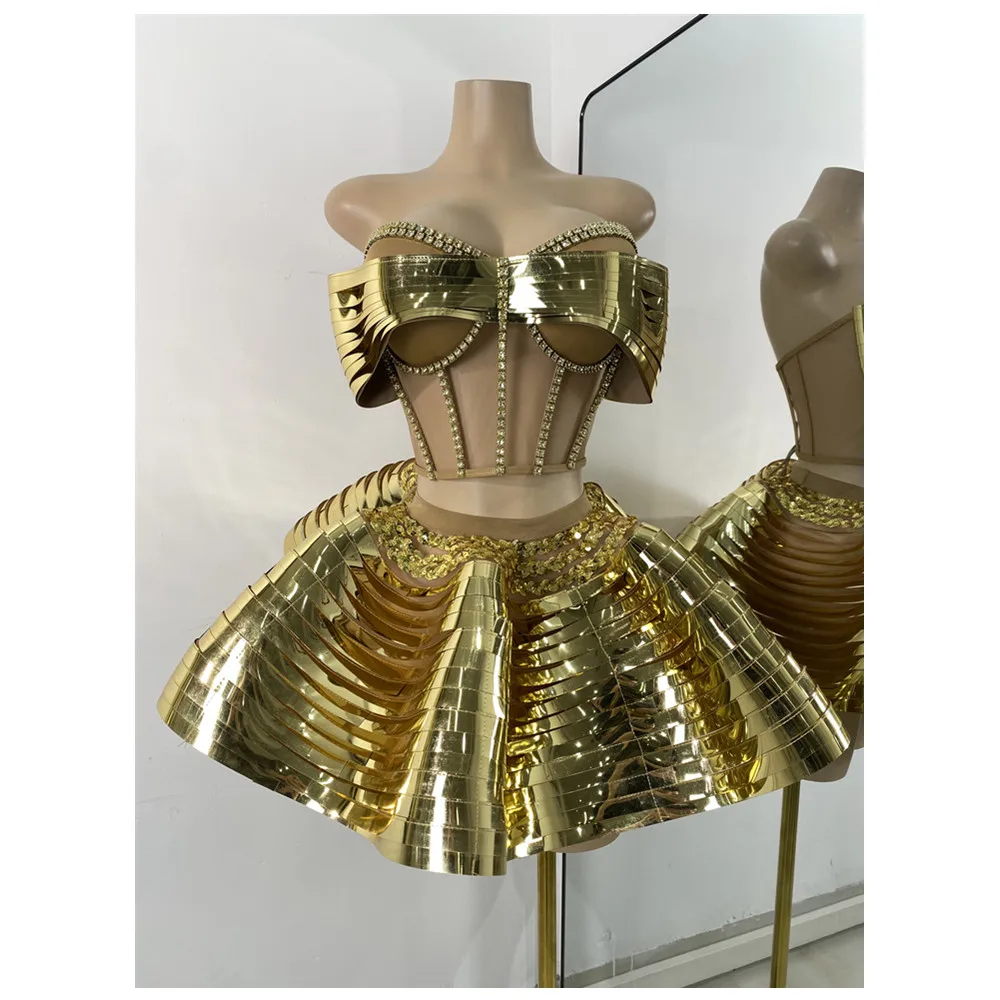 Women Sexy Shiny Diamonds Top Skirt Two Piece Sets Nightclub Party Stage Outfit Performance Danve Singer Costume Show Wear