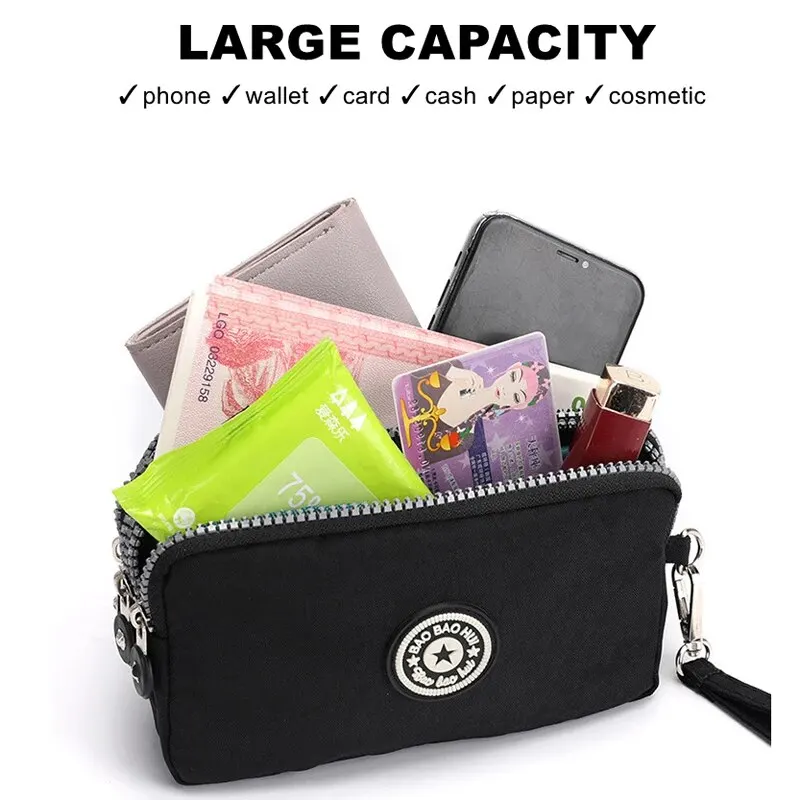 Coin Purse Women Handbag Small Wallet Wrinkle Fabric Phone Purse Three Zippers Portable Make Up Bag